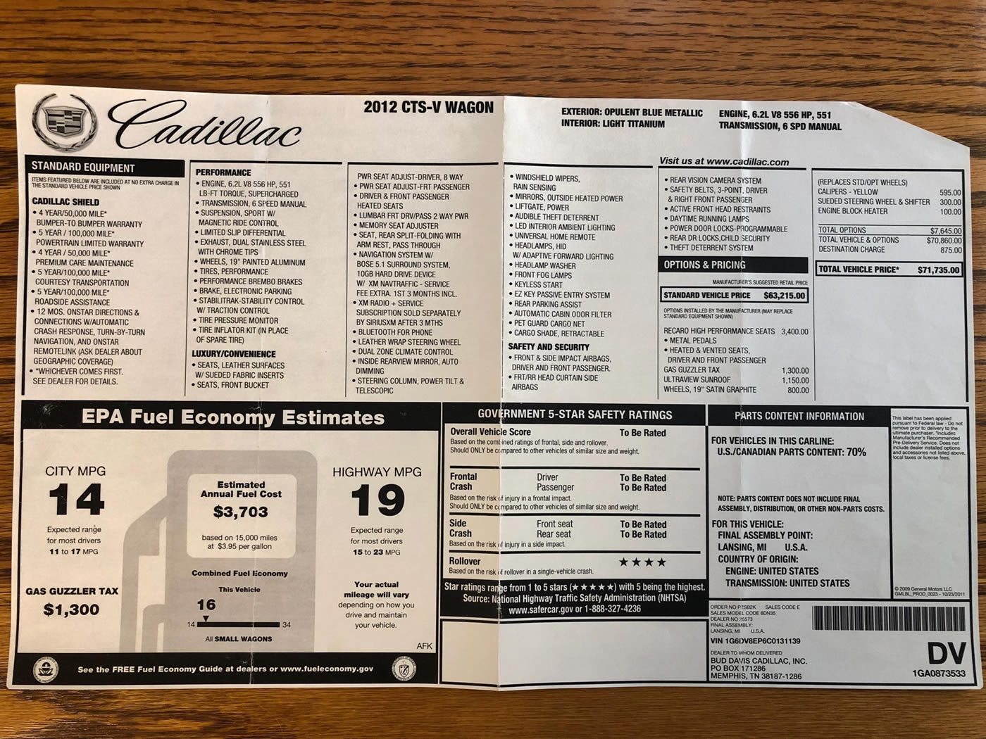2012 Cadillac CTS-V Wagon in Opulent Blue
