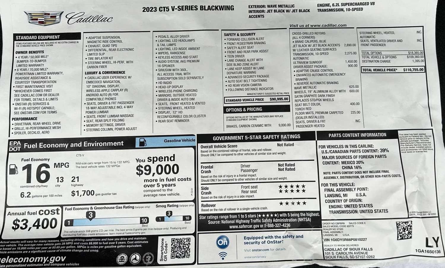 2023 Cadillac CT5-V Blackwing - Number 227 - Window Sticker