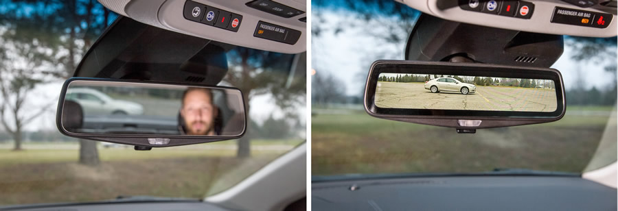 CadillacMirror01-03 Cadillac's prototype rearview mirror capable of live-streaming an image from a camera mounted on the rear of a vehicle Tuesday, December 9, 2014 in Warren, Michigan. (Photo by Rob Widdis for General Motors)