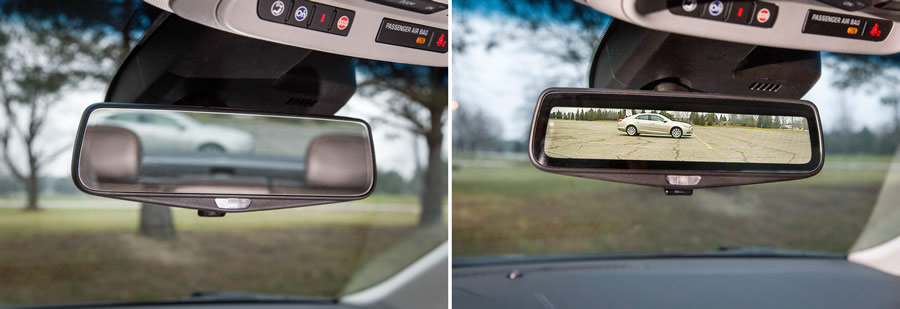 CadillacMirror02-03 Cadillac's prototype rearview mirror capable of live-streaming an image from a camera mounted on the rear of a vehicle Tuesday, December 9, 2014 in Warren, Michigan. (Photo by Rob Widdis for General Motors)
