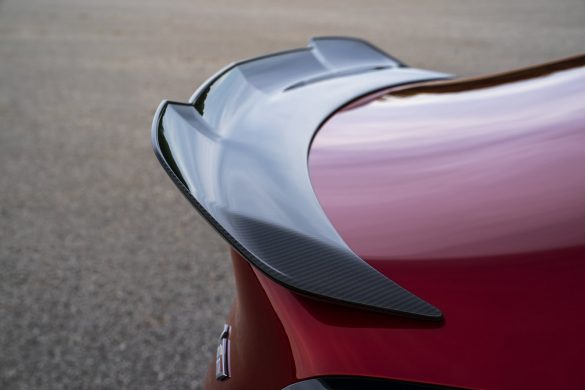 The integrated spoiler on the 2022 CT4-V Blackwing balances the car for greater stability.
