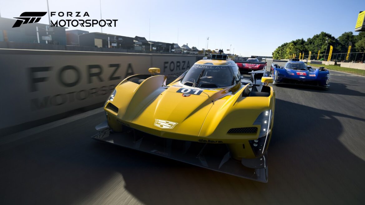 Forza Motorsport Cover art for Forza Motorsport, featuring a 2023 Cadillac V-Series.R and a 2024 Chevrolet Corvette E-Ray driving side-by-side on a track.
